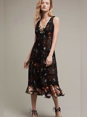 Floreat Black Midi Dress with Multicolor Floral Print